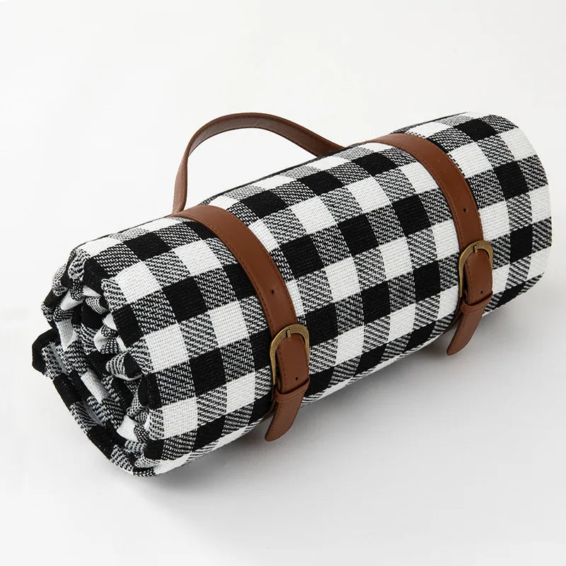 Traditional Outdoor Blanket | Red Plaid Design With Brown Straps