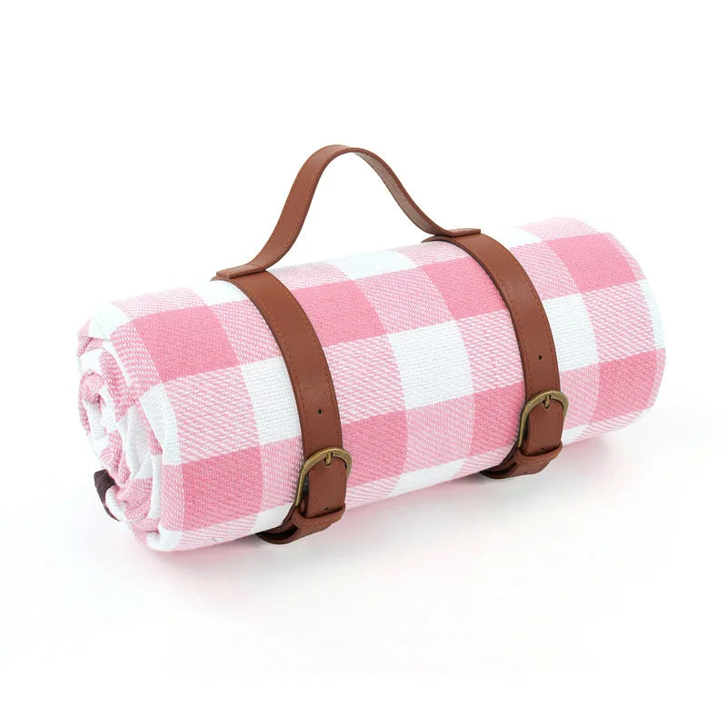 Traditional Outdoor Blanket | Red Plaid Design With Brown Straps