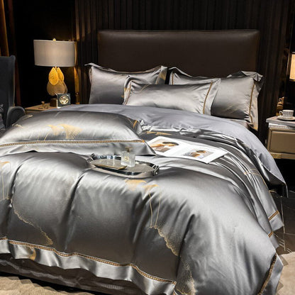 Premium Soft Silver Bedding Set with Gold Trim