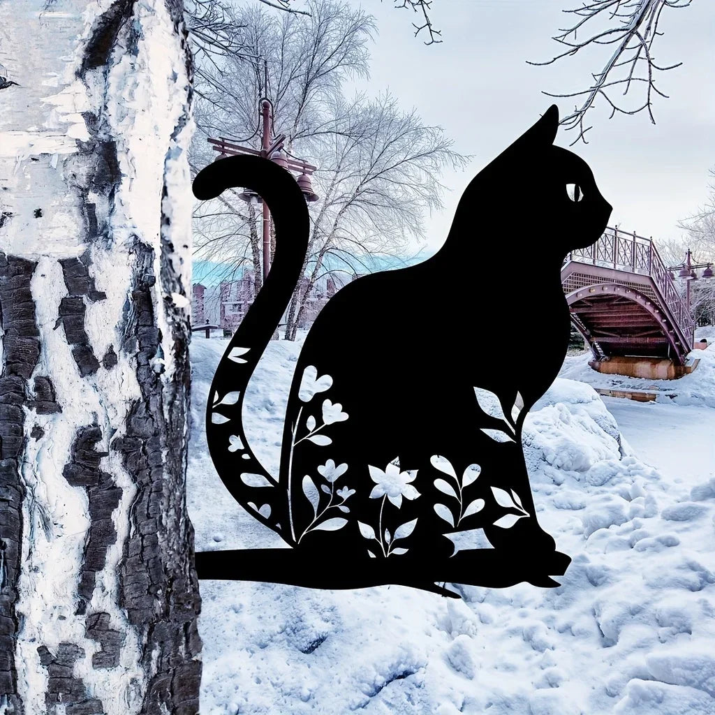 Outdoor Cat Decoration | Iron Floral Cat Silhouette - HappyKidMart