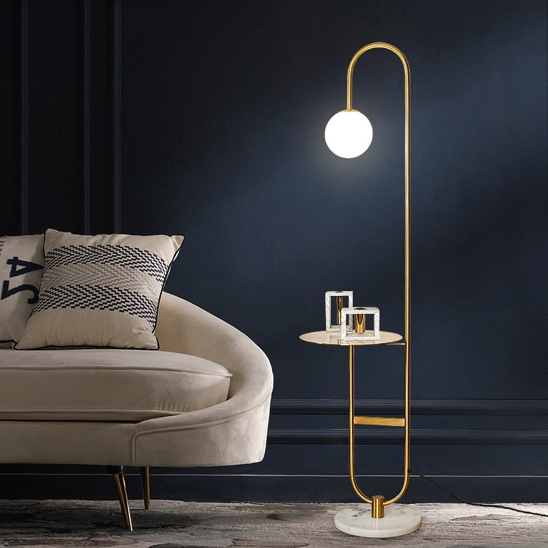 Stylish Floor Lamp with Side Table | Gold and Stone Finish