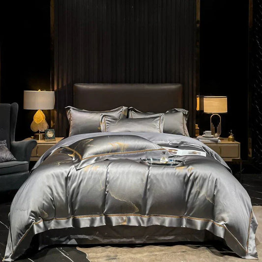 Premium Soft Silver Bedding Set with Gold Trim - HappyKidMart