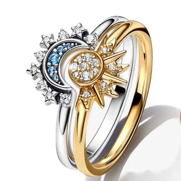 Glittering Moon Star Ring Set Crystal Accent - HappyKidMart