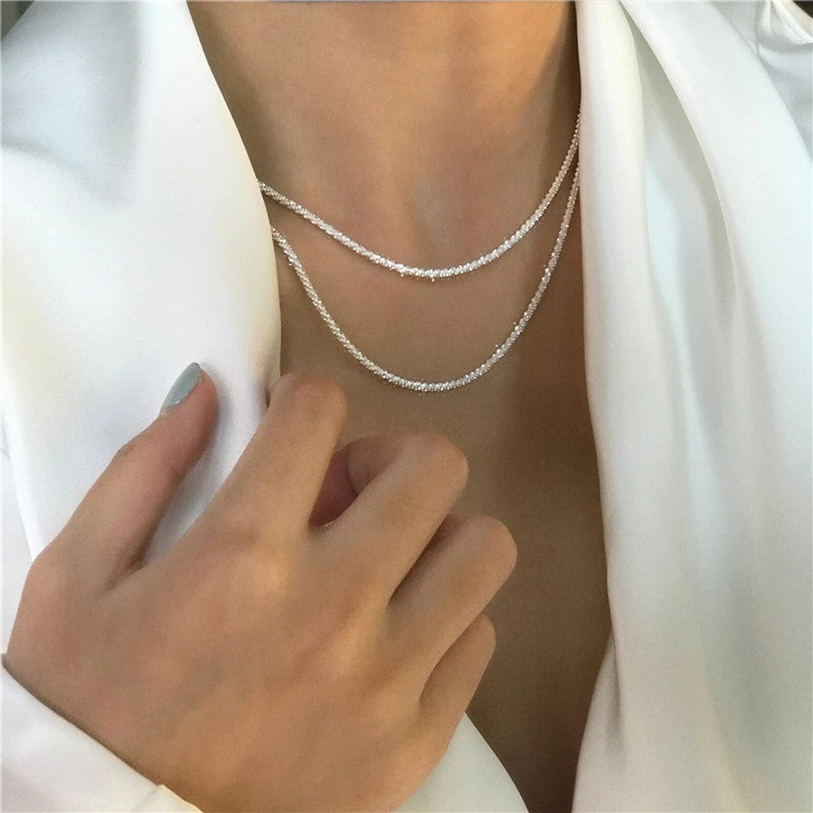 Dainty Double Chain Silver Necklace - HappyKidMart