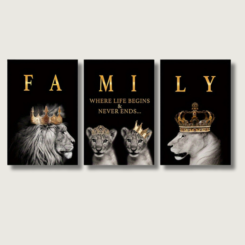 Regal Lion Portrait Wall Art | Gold Crown Canvas Print - HappyKidMart