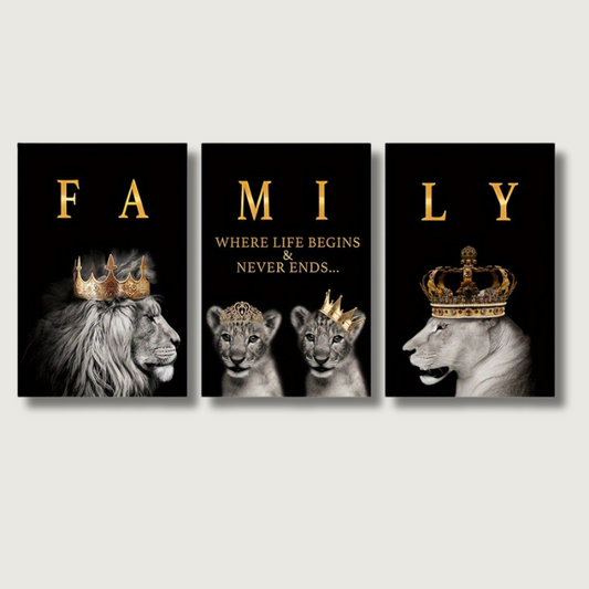 Regal Lion Portrait Wall Art | Gold Crown Canvas Print - HappyKidMart