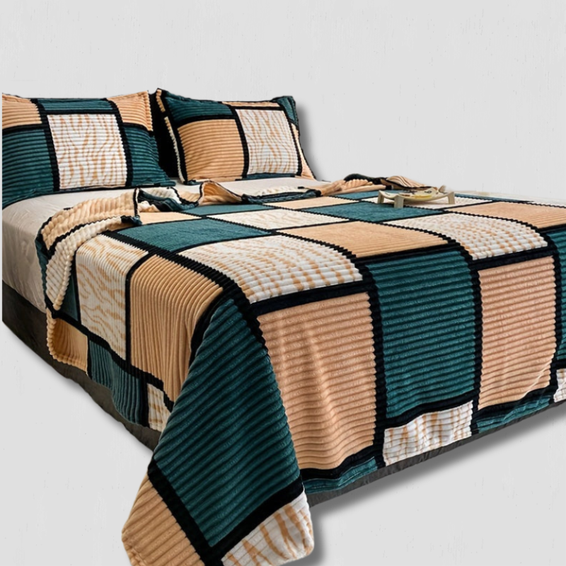 Plaid Soft Throw Blanket Teal Beige Check - HappyKidMart