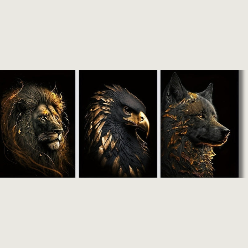 Nature Animal Wall Art Set | Brown Lion Eagle Wolf - HappyKidMart