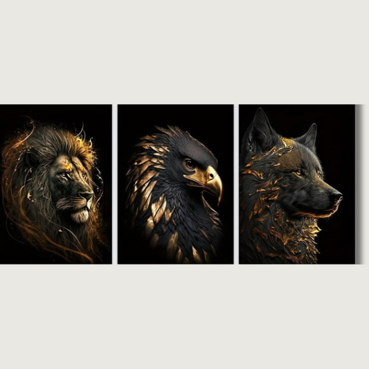 Nature Animal Wall Art Set | Brown Lion Eagle Wolf - HappyKidMart