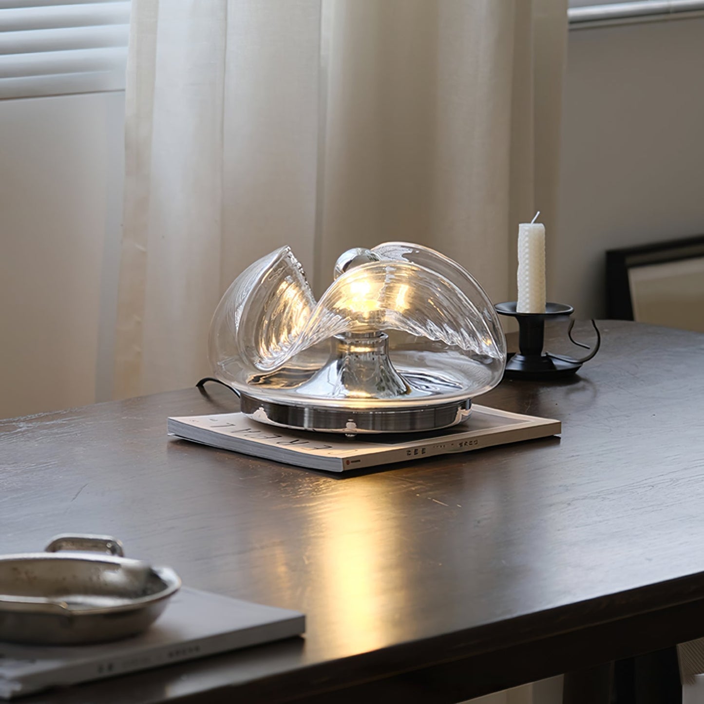 Sleek Glass Desk Lamp | Curved Chrome Metal Base