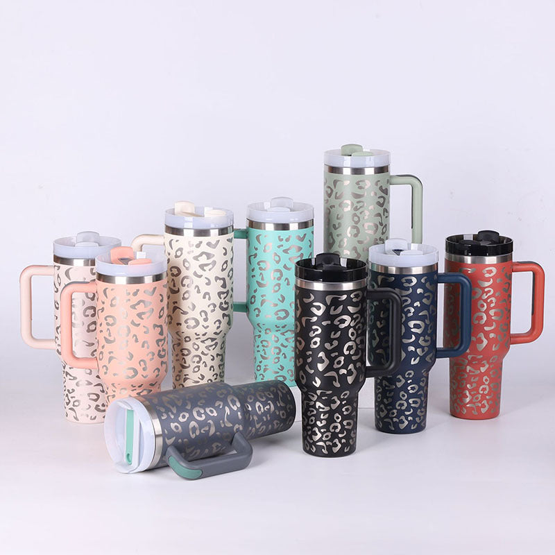 Leopard Print Thermal Coffee Mug with Lid and Straw - HappyKidMart