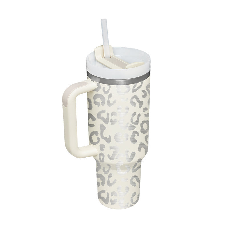 Leopard Print Thermal Coffee Mug with Lid and Straw