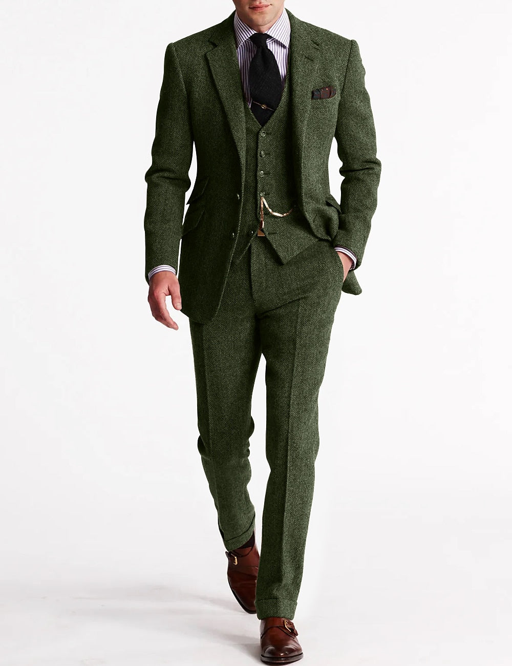 Traditional Brown Herringbone 3 Piece Suit