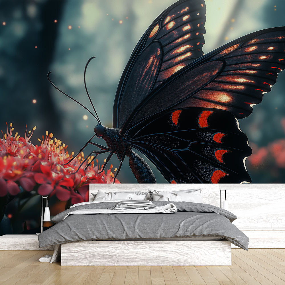 Vibrant Floral Wall Mural | Red Black Nature Design - HappyKidMart