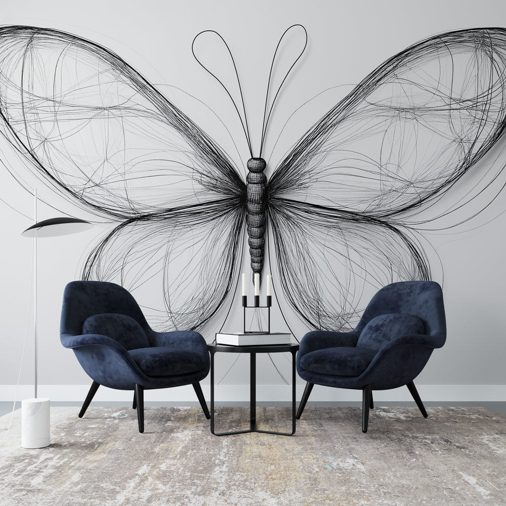Beautiful Floral Wall Mural Black Outline Design - HappyKidMart