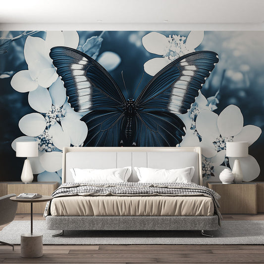 Beautiful Floral Wall Mural Blue White Design - HappyKidMart