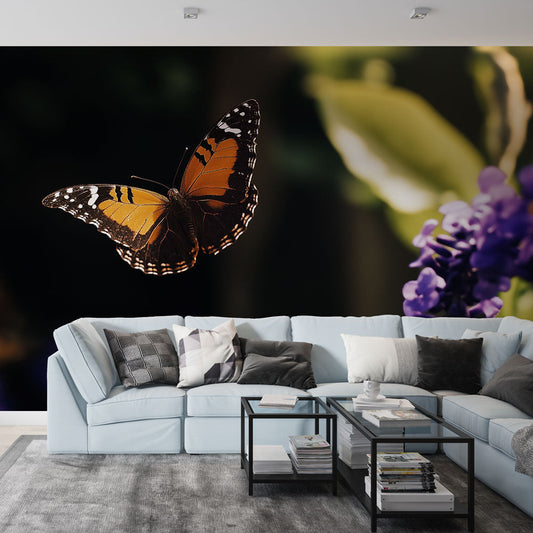 Vibrant Floral Wall Mural | Purple Butterfly Design - HappyKidMart