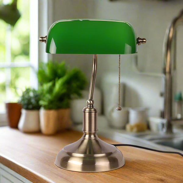 Traditional Green Glass Table Lamp with Metal Base - HappyKidMart