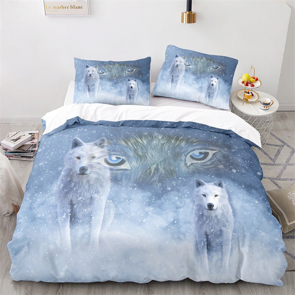 Wild Wolf Pattern Duvet Cover Set Blue Eyes Design