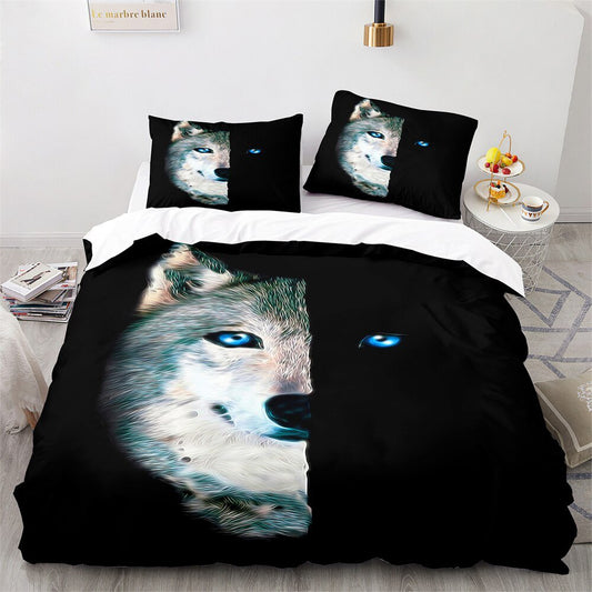 Wild Wolf Pattern Duvet Cover Set Blue Eyes Design - HappyKidMart