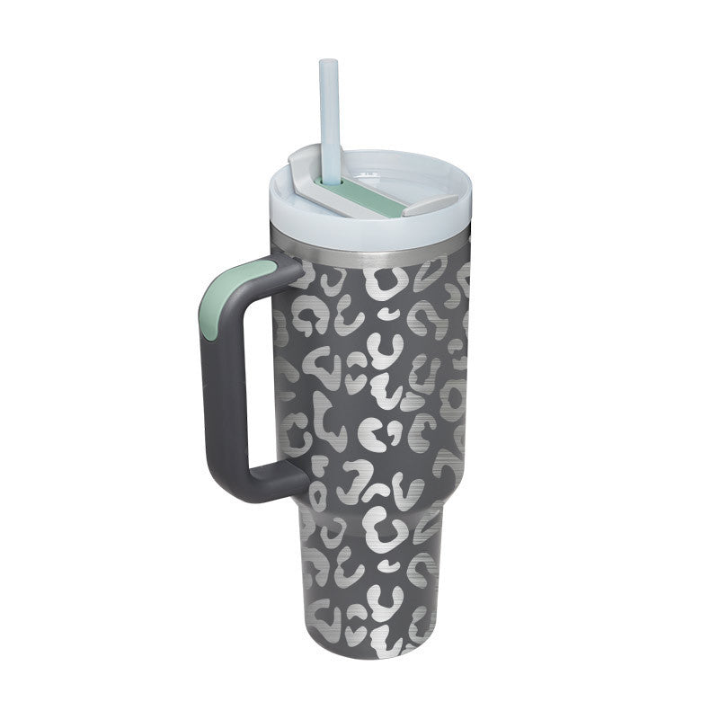 Leopard Print Thermal Coffee Mug with Lid and Straw
