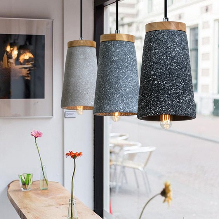 Rustic Wood Pendant Light | Concrete Drop Conical Shape