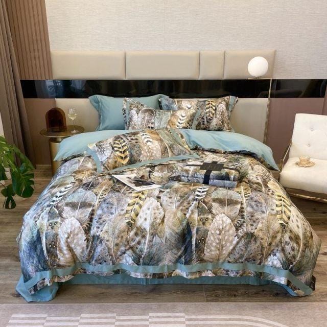 Soft Cotton Bedding Set | Floral Feather Blue Border - HappyKidMart