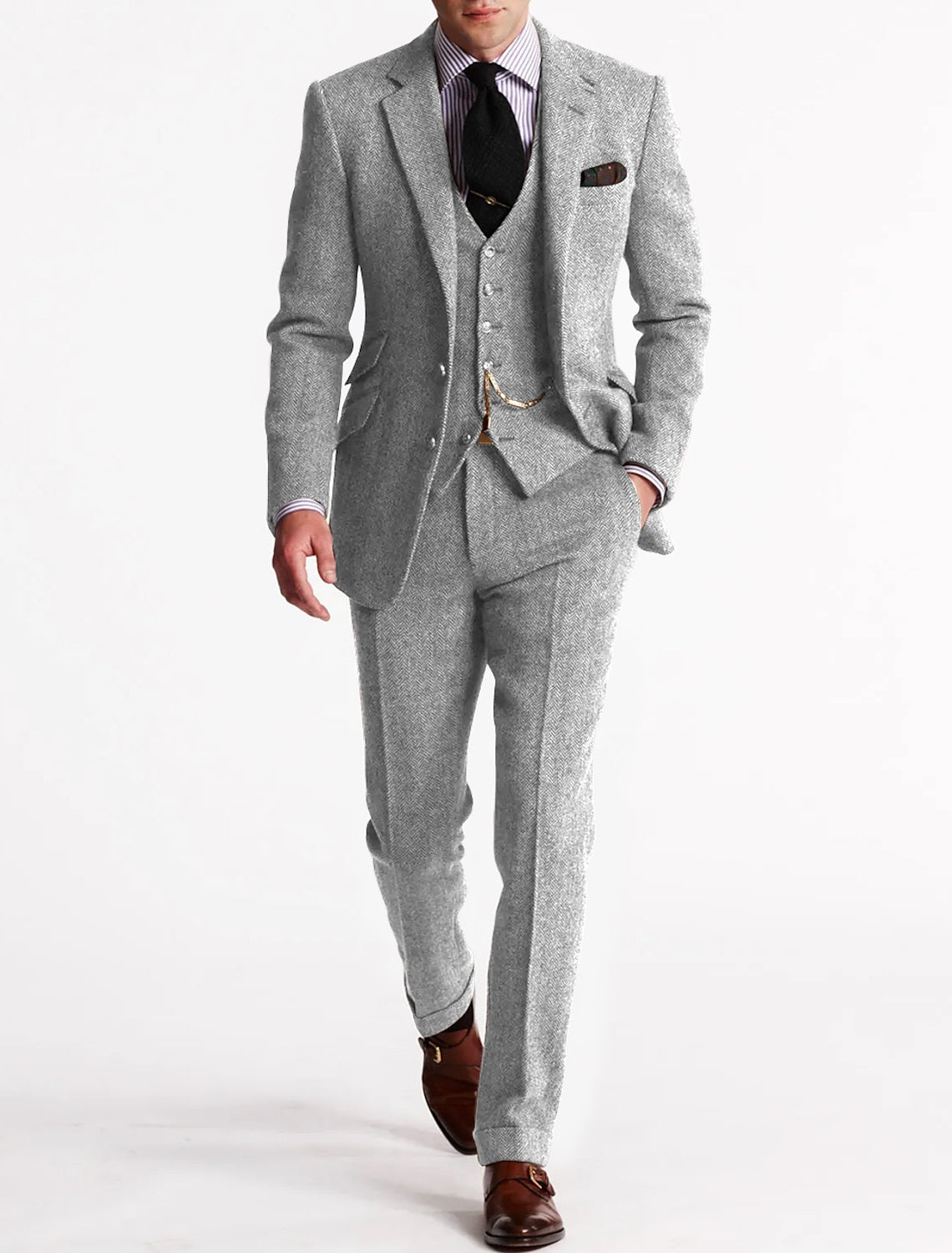 Traditional Brown Herringbone 3 Piece Suit