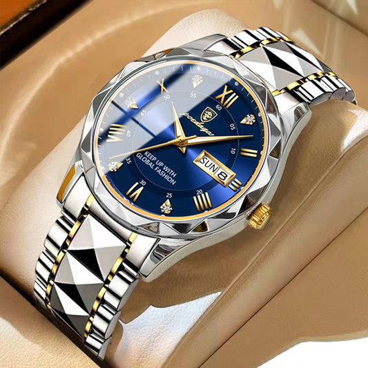 Stylish Mens Watch Blue Face Two Tone Stainless Steel - HappyKidMart