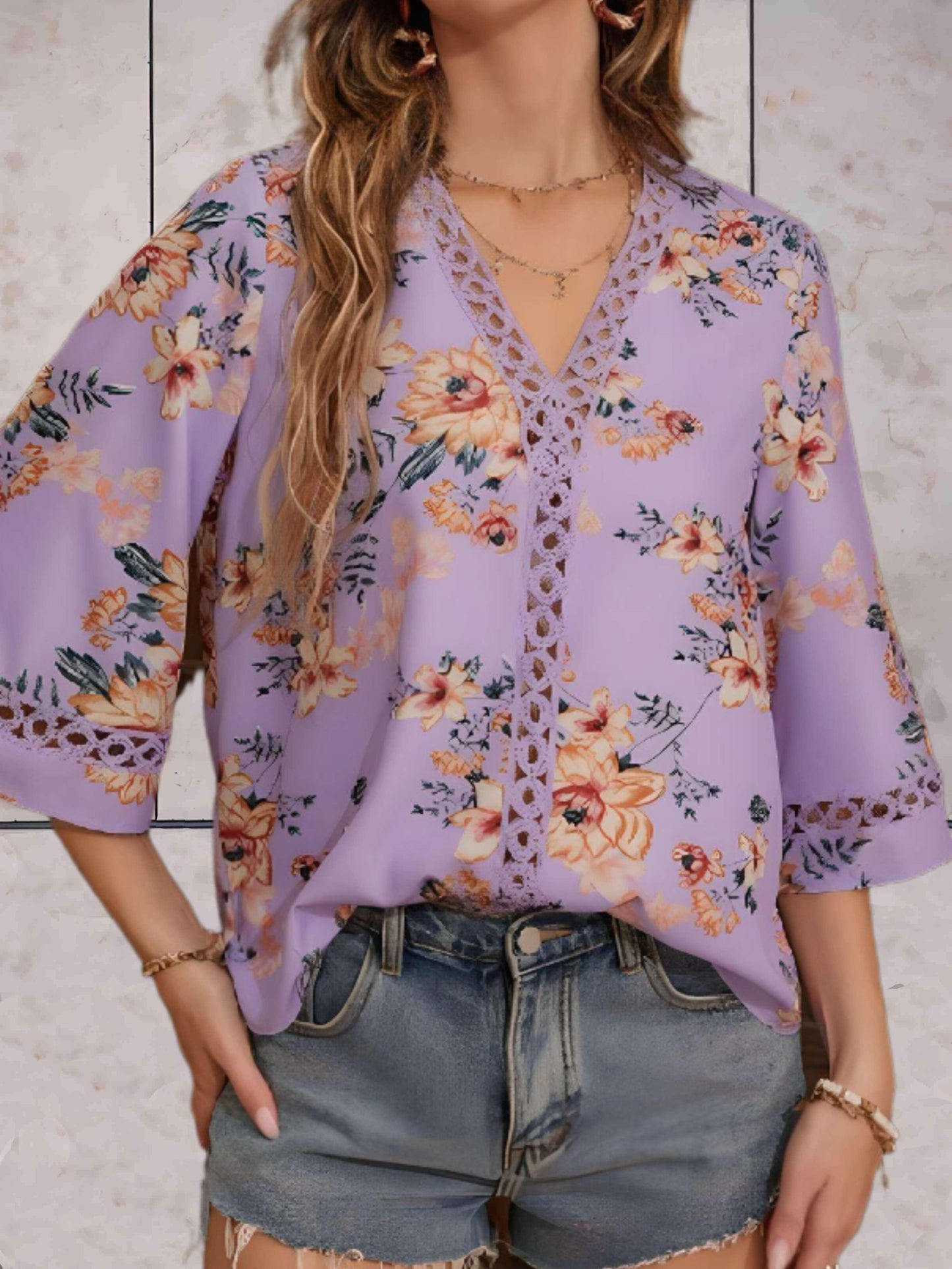 Pretty V-Neck Lace Trim Blouse