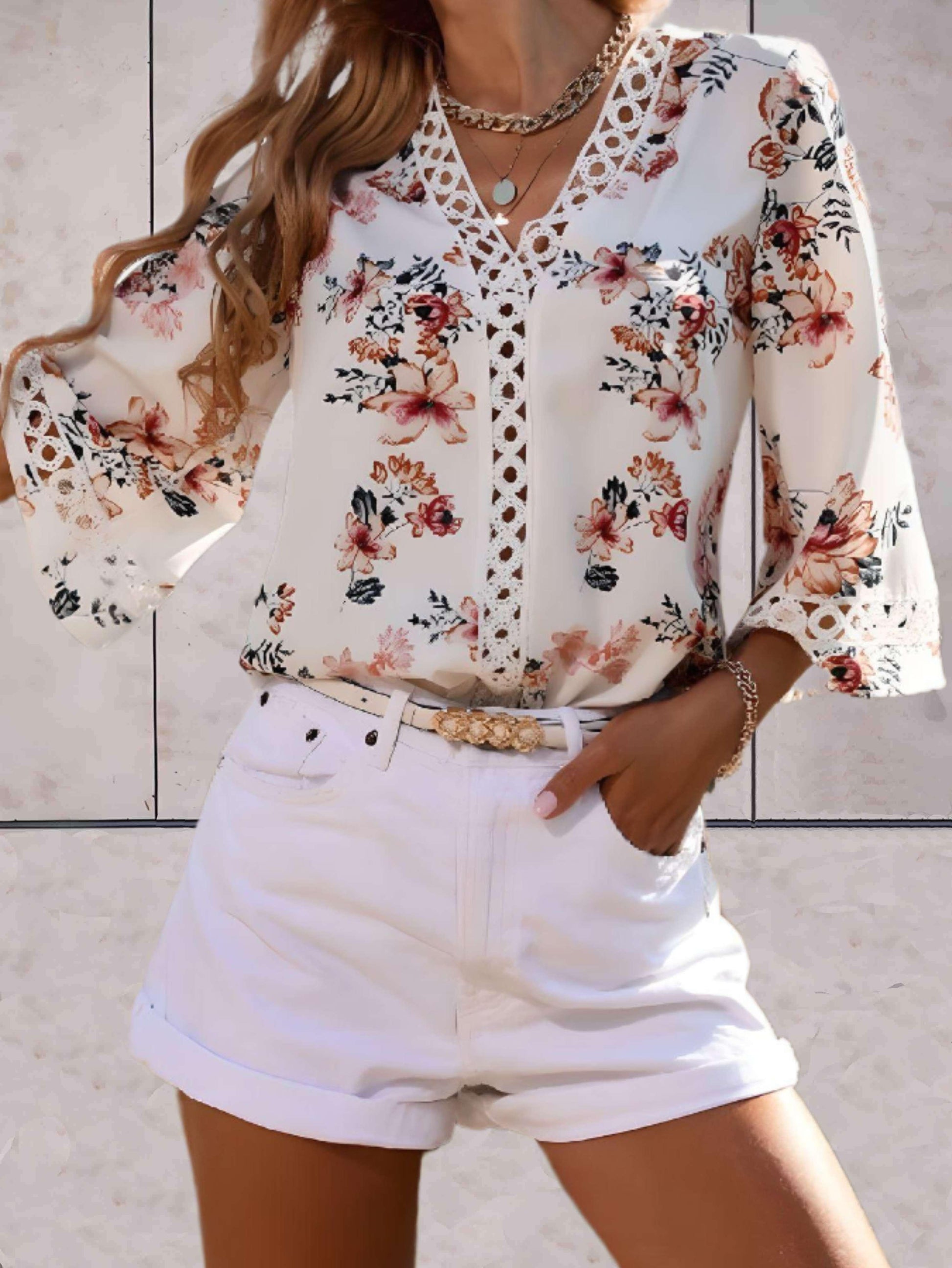 Pretty V-Neck Lace Trim Blouse - HappyKidMart
