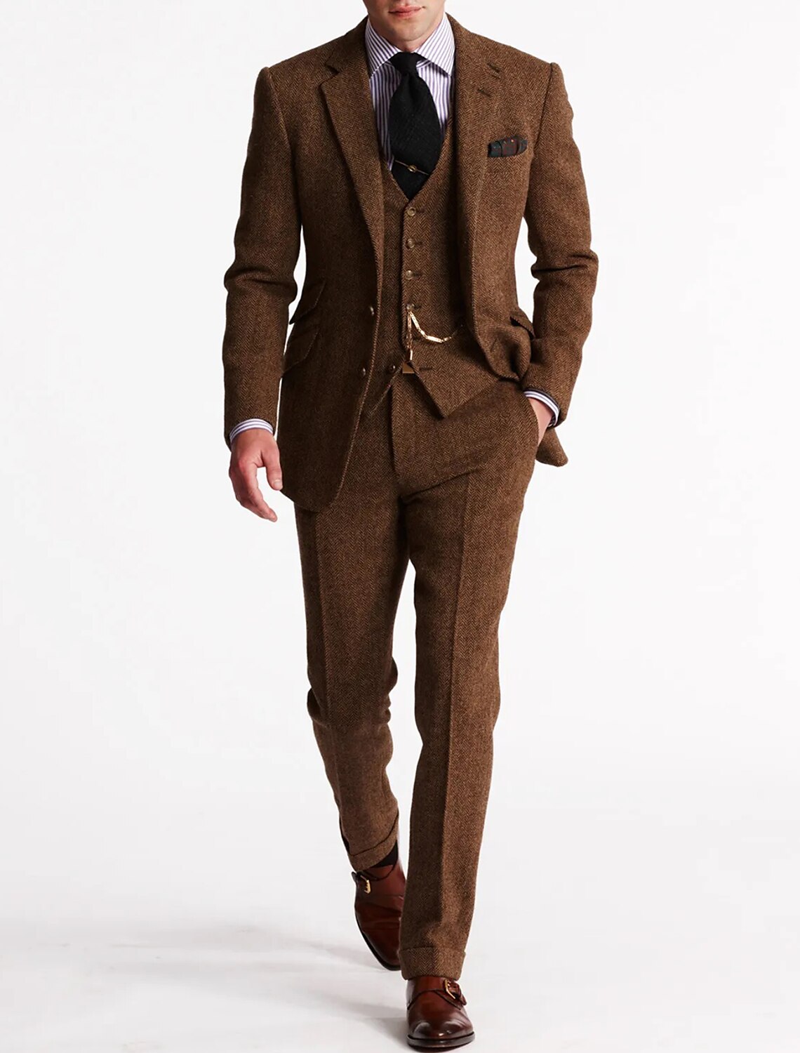 Traditional Brown Herringbone 3 Piece Suit