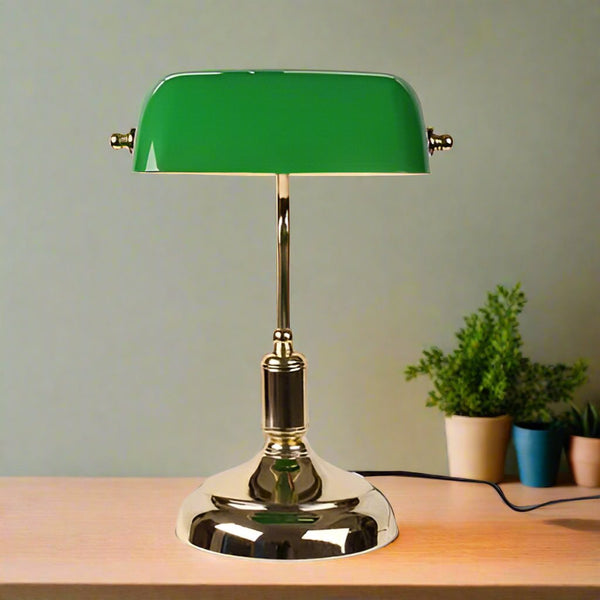 Traditional Green Glass Table Lamp with Metal Base