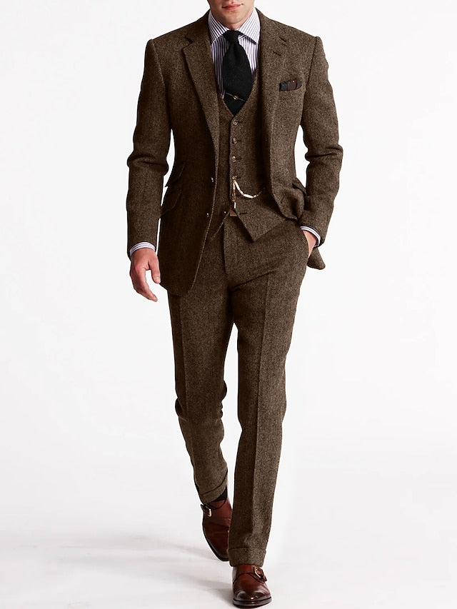 Traditional Brown Herringbone 3 Piece Suit